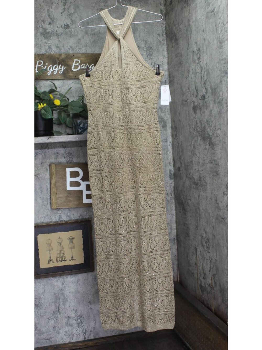 GUESS Sleeveless Keyhole Sequin Crochet Bodycon Dress Wet Sand Brown XL